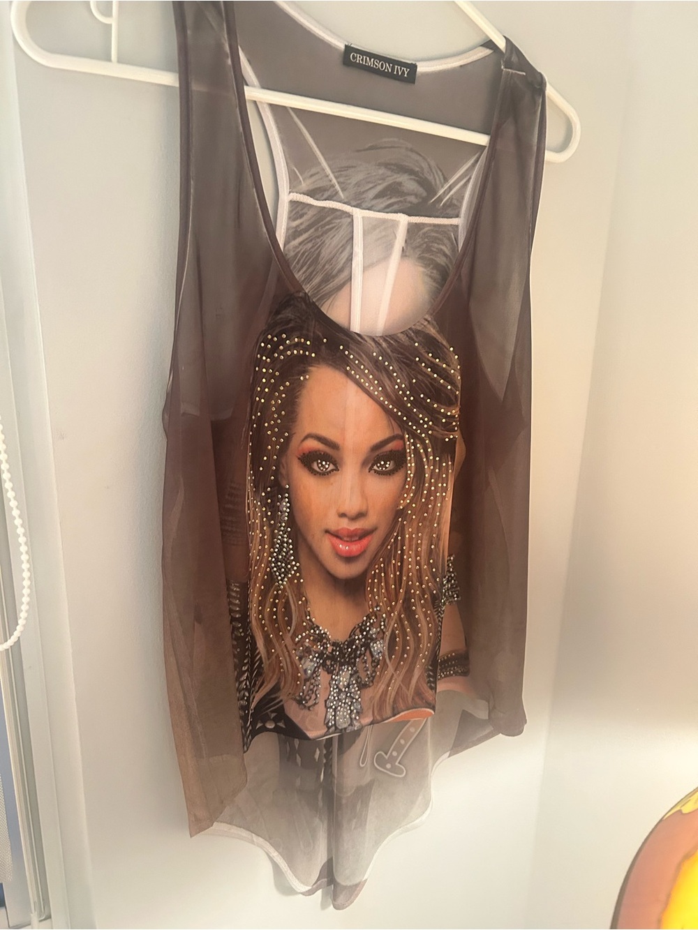 Sheer Graphic Tank Top - Brown